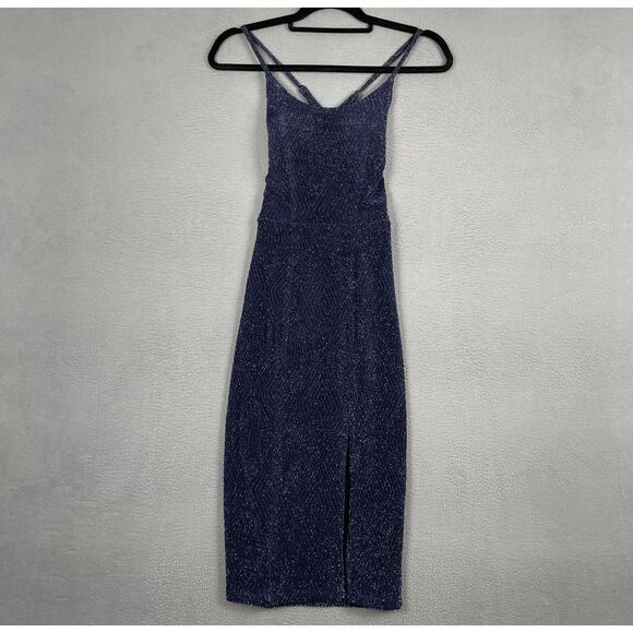 Speechless Dress Womens XXS Navy Blue Metallic Glitter Midi Strappy Slit Party - Picture 1 of 11